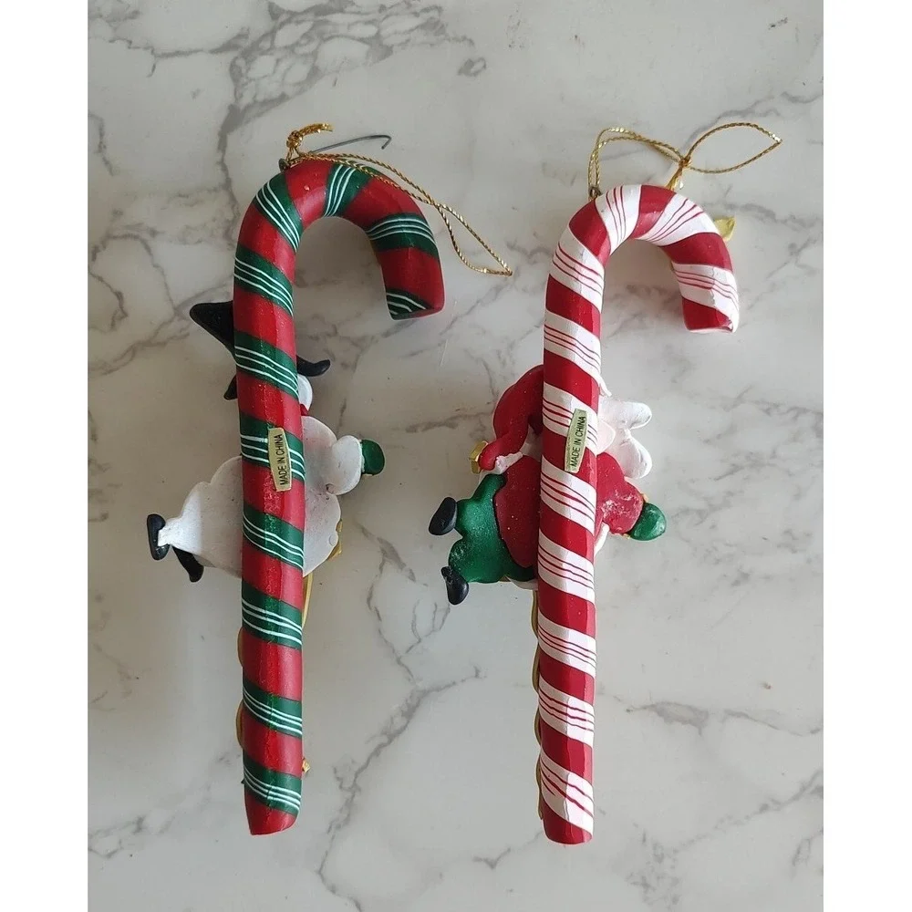 VTG Striped Candy Cane Christmas Tree Ornament Set Of 2 Santa Snowman B11